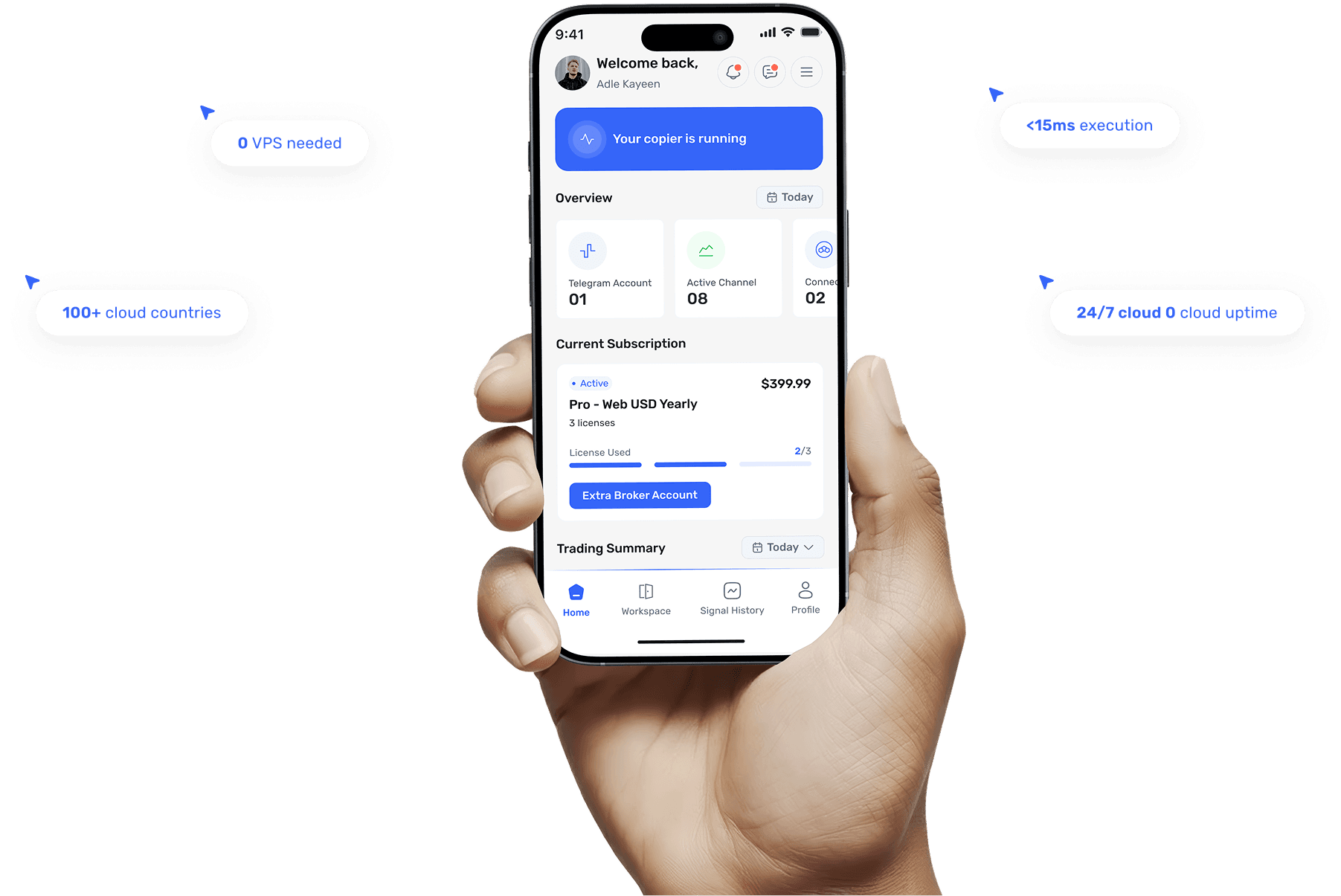trade2sync mobile app showing Telegram signals copied automatically to connected trading accounts